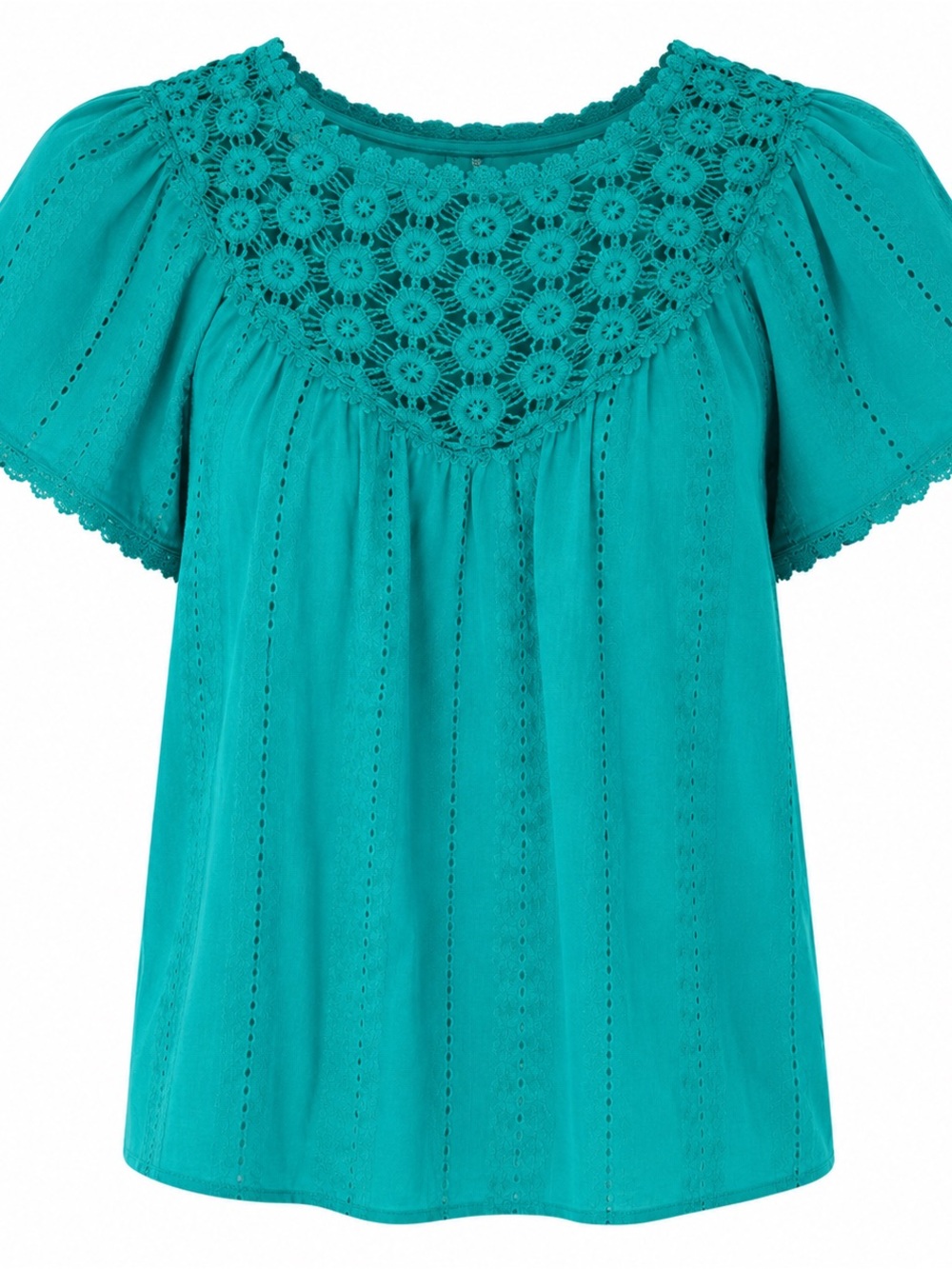 Teal Eyelet Lace Blouse With Crochet Yoke Detail & Scalloped Sleeves 100% Cotton